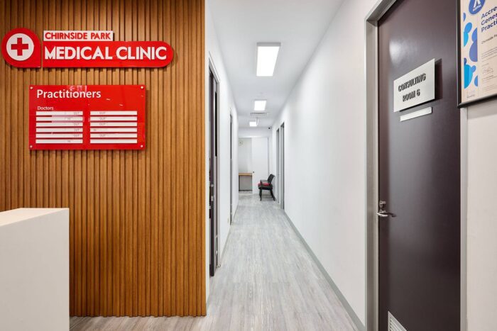 Medical clinic hallway with timber feature wall in Chirnside Park