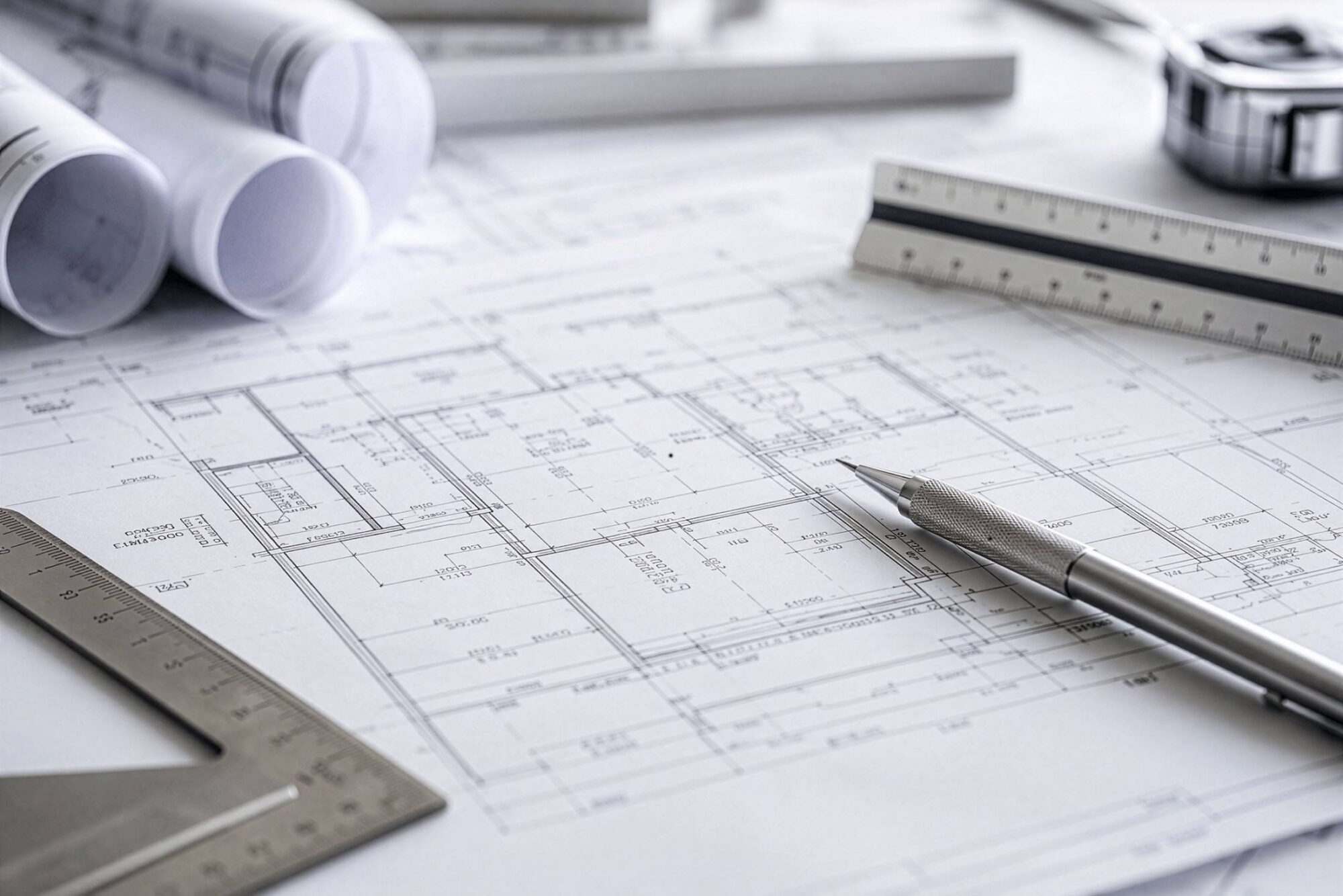 Architectural plans with drafting tools for structured construction planning