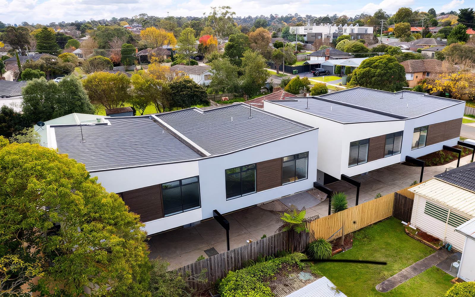 Aerial view of reverse-living townhouse development in Mooroolbark